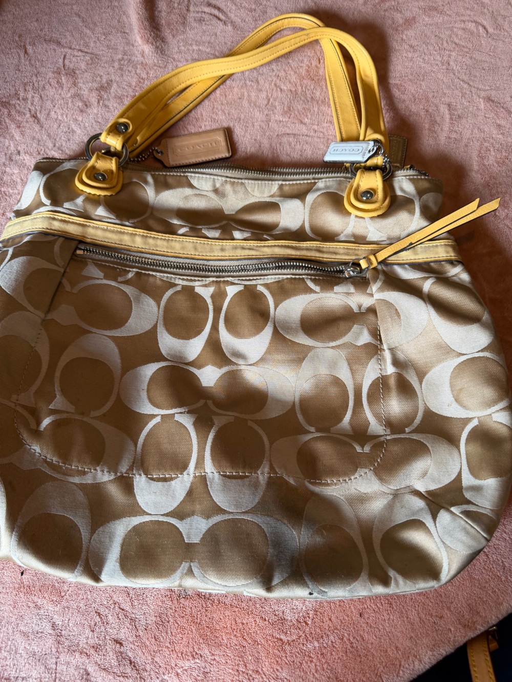Coach Beige Signature Jacquard Shoulder Bag with Yellow Trim